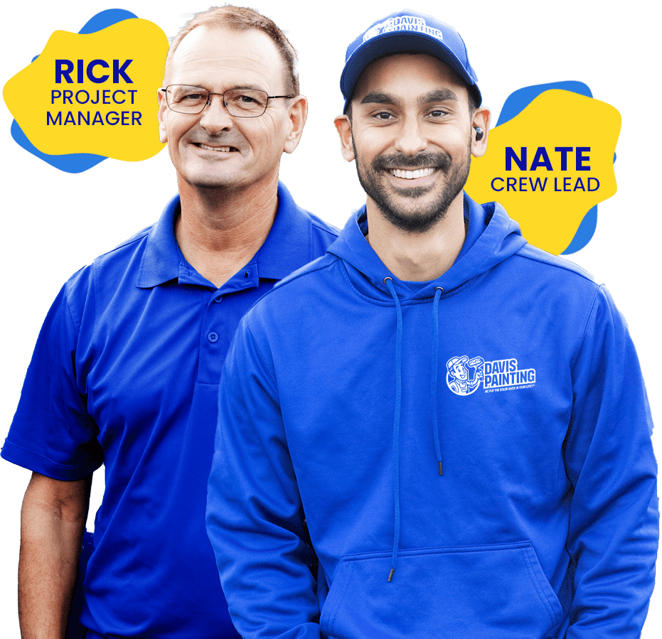 Two men from Davis Painting are pictured. The man on the left, labeled "Rick - Project Manager," is wearing glasses and a blue polo shirt. The man on the right, labeled "Nate - Crew Lead," is wearing a blue hoodie and cap with the Davis Painting logo.