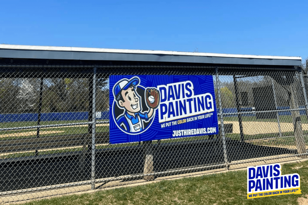 A colorful banner on a chain-link fence advertises "Davis Painting" with a cartoon character of a painter holding a paintbrush. The banner reads "We put the color back in your life!" and displays the website "justhiredavis.com." Another identical sign is in the bottom right.