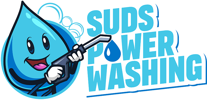 A cheerful water droplet with eyes, a smile, and arms is holding a power washing nozzle, spraying water. The text reads "Suds Power Washing & Interior Painting" in bold blue letters, with a water droplet replacing the "O" in "POWER".