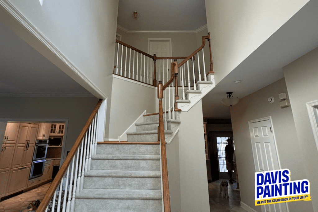 A spacious entryway with a carpeted staircase and wooden railings leads up to a second floor. On the left, there's a view into a kitchen with white cabinets. A logo in the corner reads "Davis Painting.