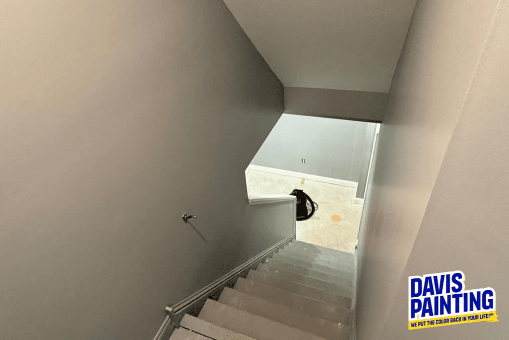 View of a freshly painted staircase leading down to an unfinished basement, with a gray color scheme. The logo "Davis Painting" is in the lower right corner.