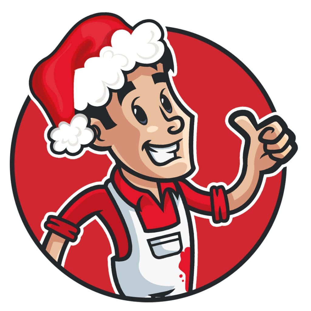 A cartoon character dons a Santa hat and a red shirt with a white apron, exuding cheer with a thumbs-up. Set against a red circle, it looks like they're ready for the festive season or maybe even some cabinet painting prep!