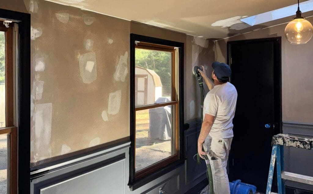 Davis Painting crew member sanding at a job site.