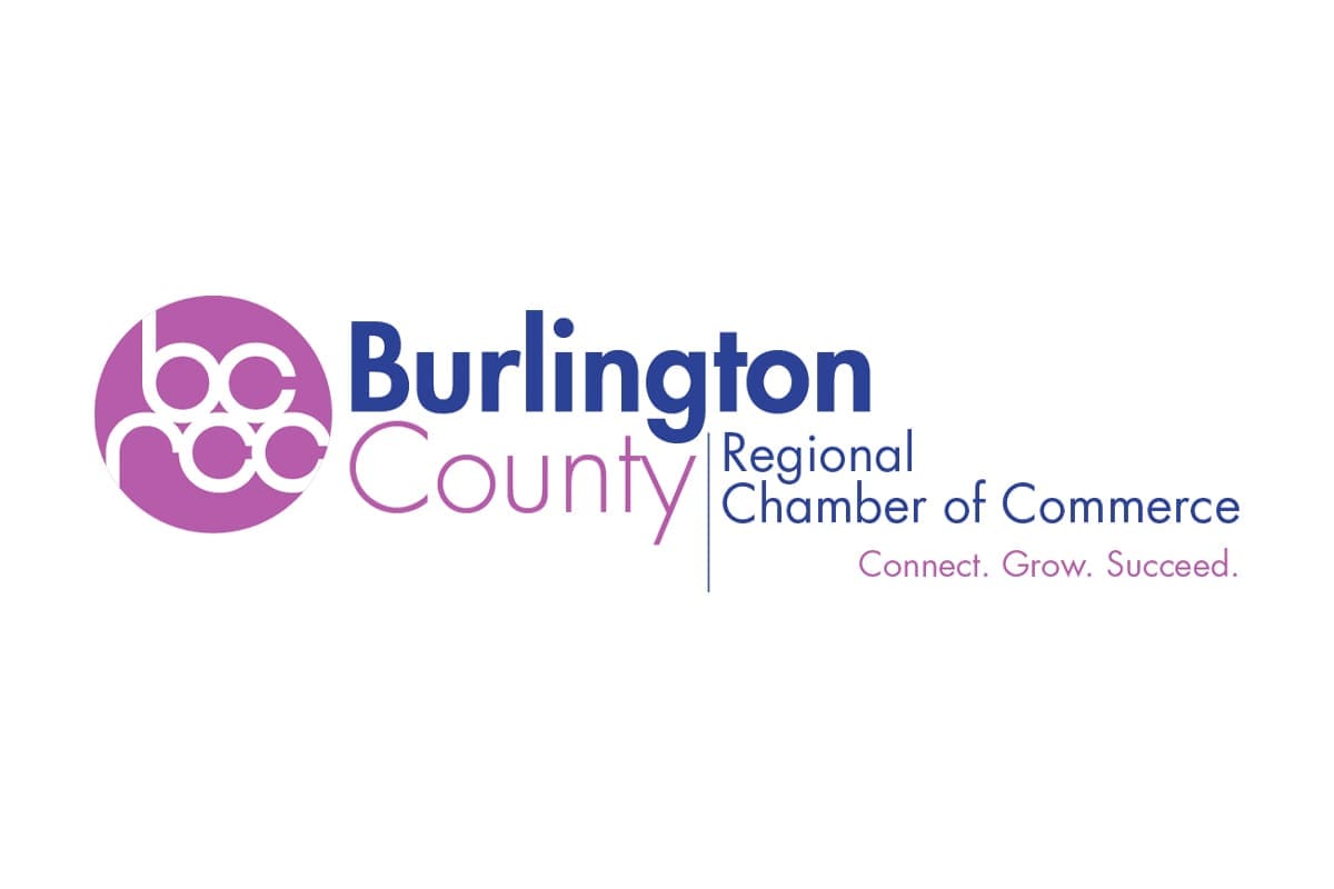 Logo of the Burlington County Regional Chamber of Commerce with text “Connect. Grow. Succeed.” in purple and blue, and a circular design featuring the letters “bcrc”.