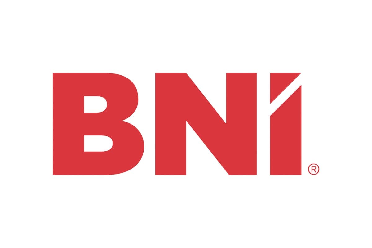 The image shows the BNI logo in bold red letters on a white background, with the letter "I" featuring a diagonal cut at the top right.