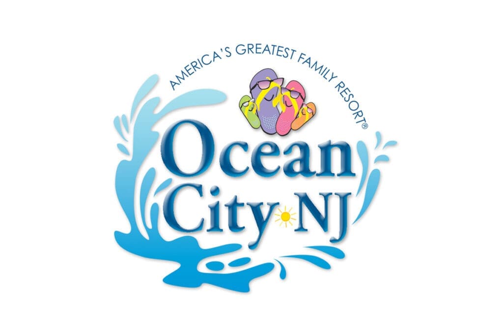 Logo for Ocean City, NJ with colorful flip-flops above blue text reading "Ocean City • NJ" surrounded by water splashes. The slogan "America's Greatest Family Resort" arches over the top.