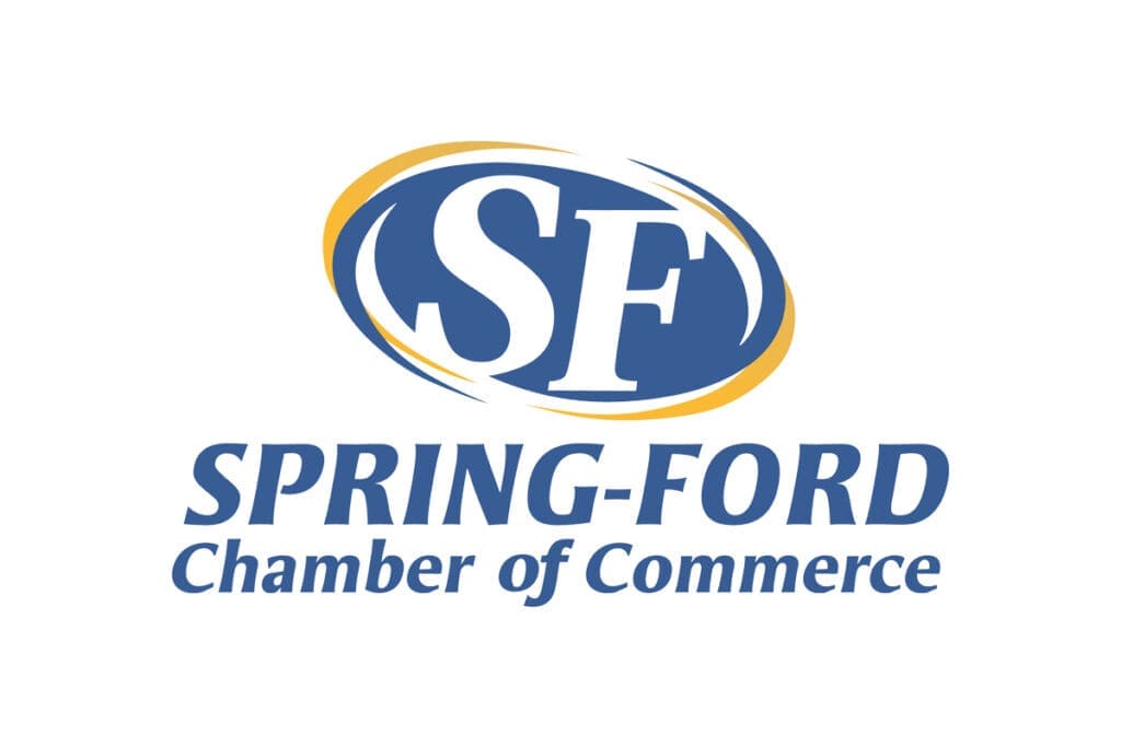 The Spring-Ford Chamber of Commerce logo features large "SF" letters inside a blue and gold oval swirl, with "SPRING-FORD Chamber of Commerce" written below in bold blue text.