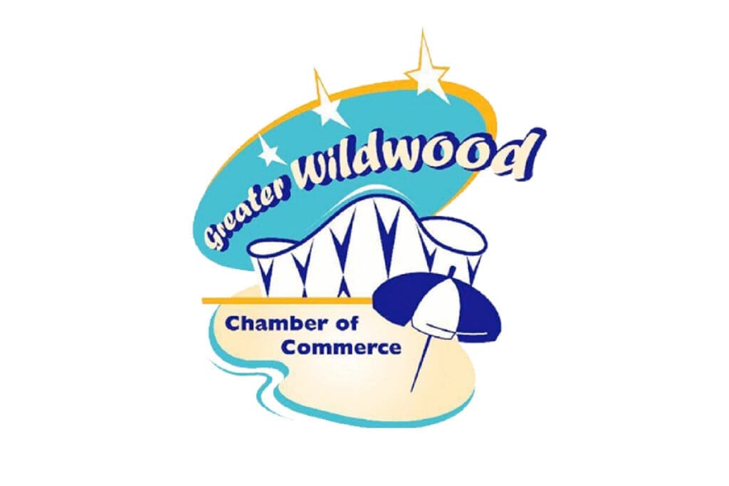 Logo for the Greater Wildwood Chamber of Commerce featuring stylized roller coaster tracks, three stars, and a beach umbrella, with blue and yellow accents.