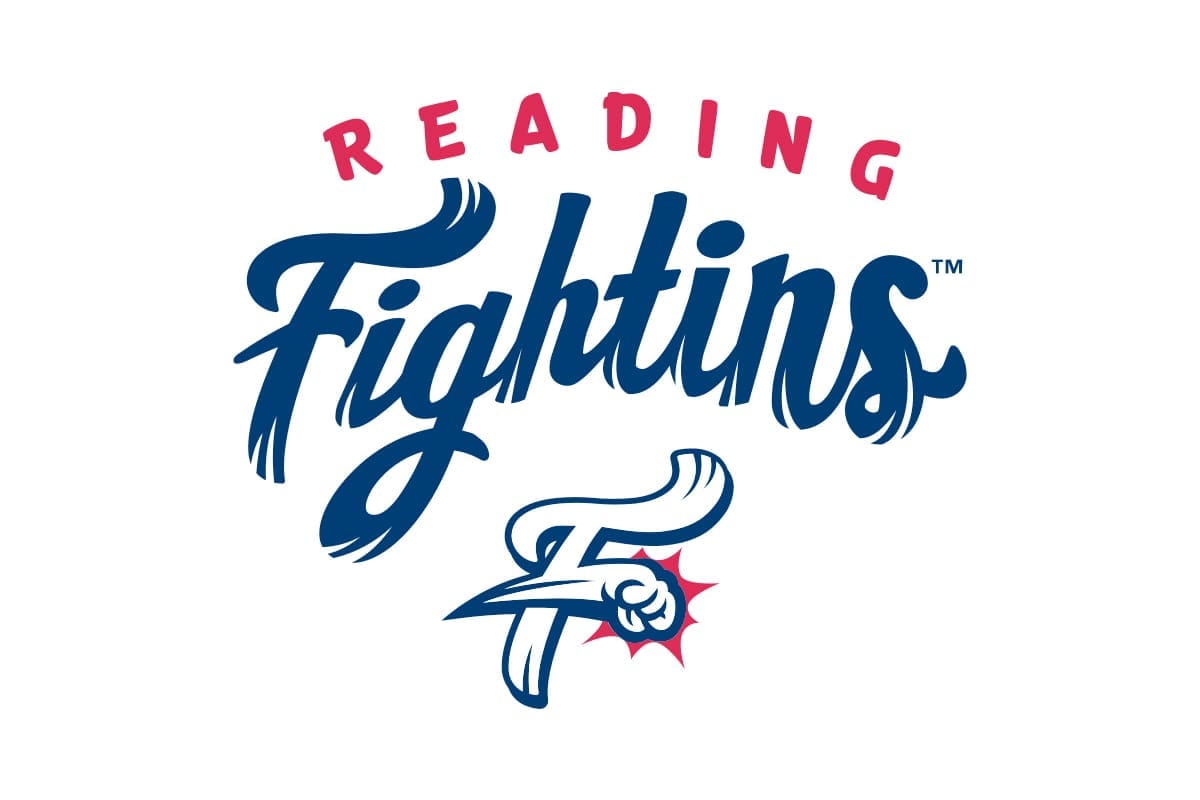 Logo for the Reading Fightin Phils, a Pennsylvania team, featuring stylized text and a blue arm holding a fist, with red accents and a starburst behind the fist.
