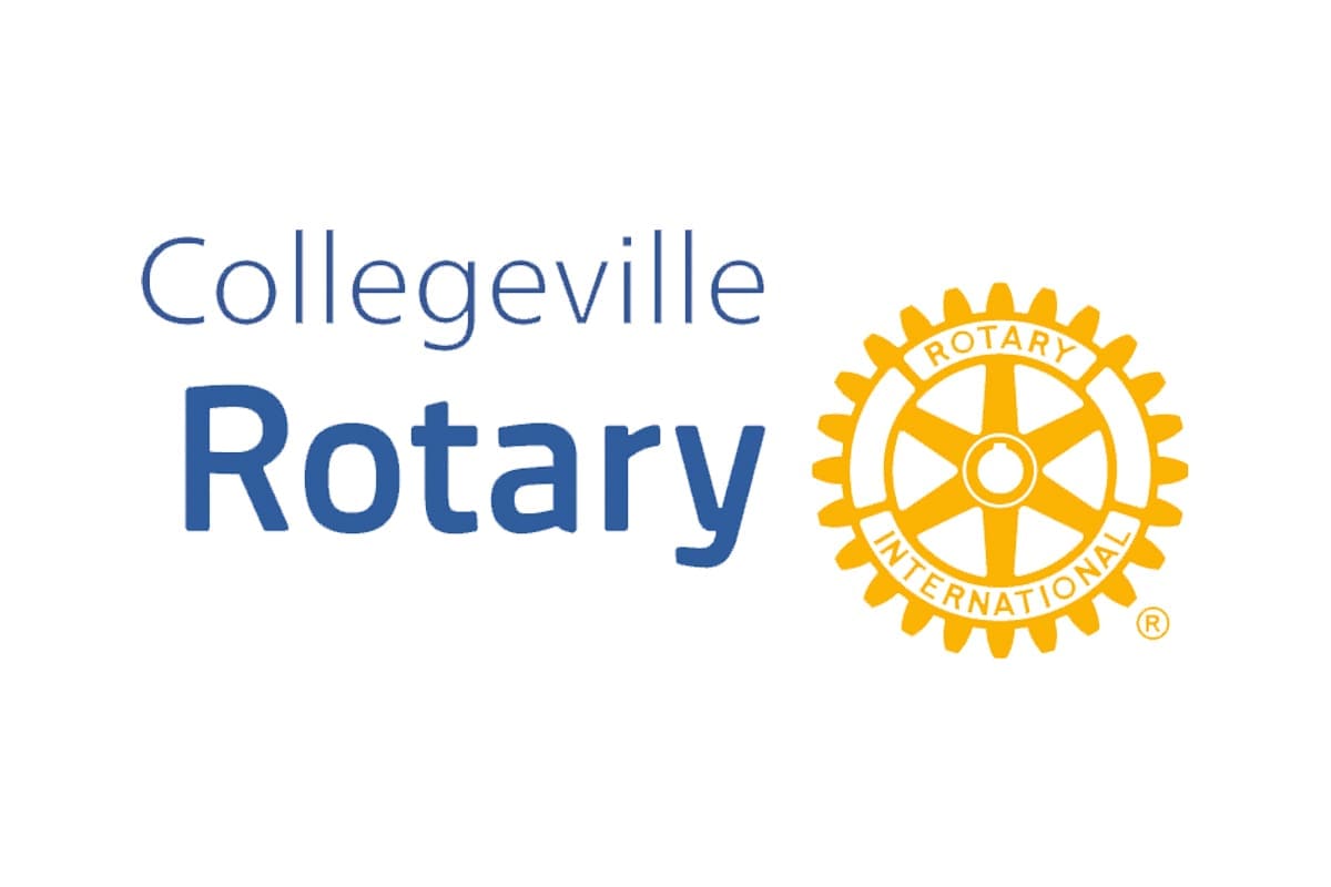 Logo for Collegeville Rotary featuring the text "Collegeville Rotary" next to the yellow and white Rotary International gear wheel emblem on a white background.