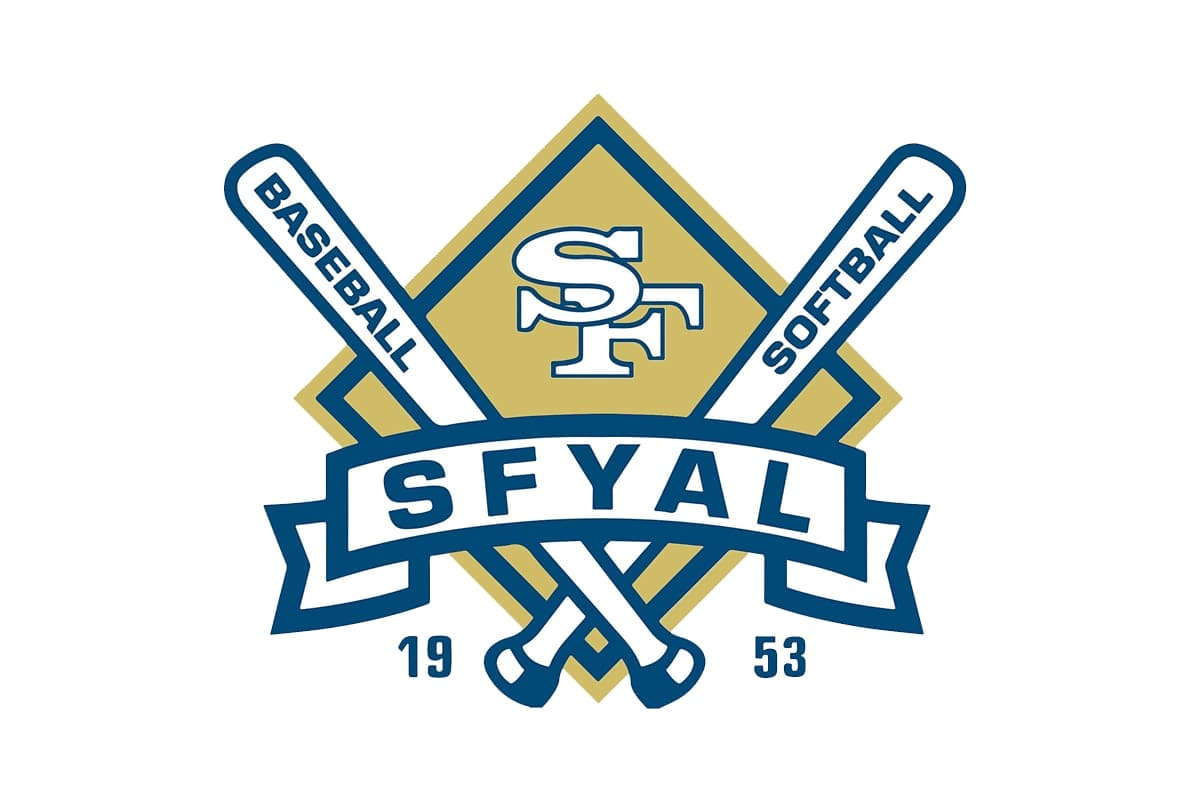 Logo featuring two crossed bats with "BASEBALL" and "SOFTBALL" on each, a diamond shape in the background, the letters "SF" in the center, and "SFYAL 1953" on a ribbon below.
