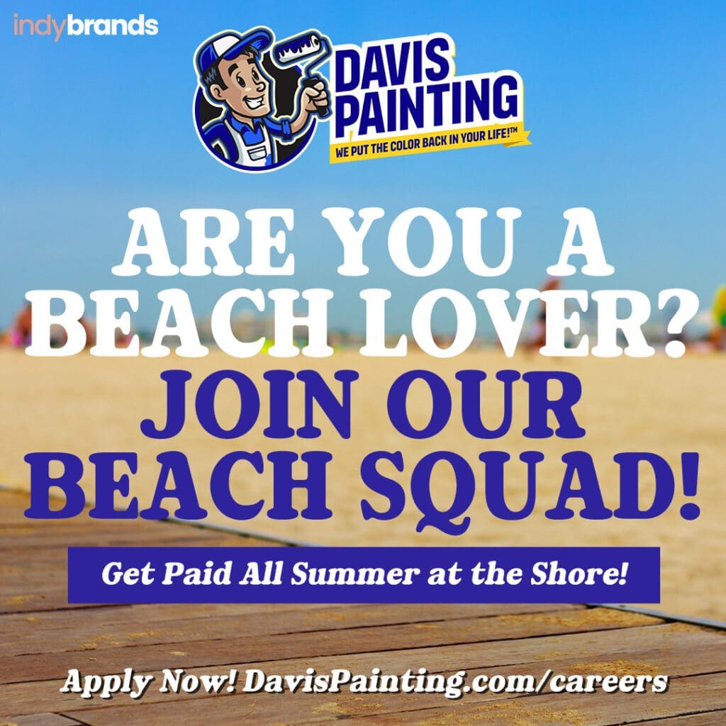 Davis Painting ad with a cartoon painter and text: "Love the beach? Join our beach squad! Start your painting career by the shore and get paid all summer. Apply now at DavisPainting.com/careers." Beach scene in background.