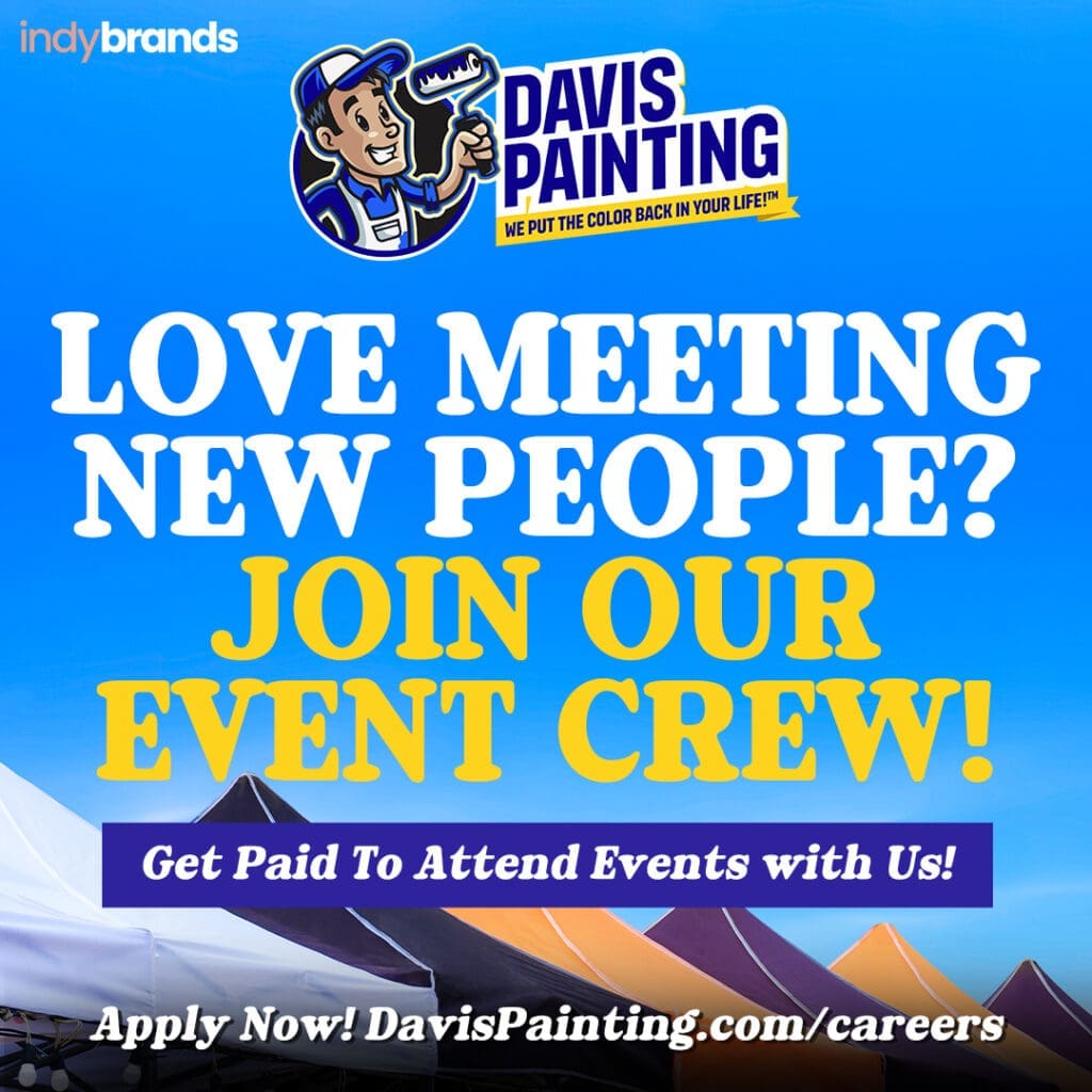 A colorful ad for Davis Painting with text: "Love meeting new people? Join our event crew and launch your careers! Get paid to attend events with us! Apply now! DavisPainting.com/careers." Features mountains and a cartoon painter.