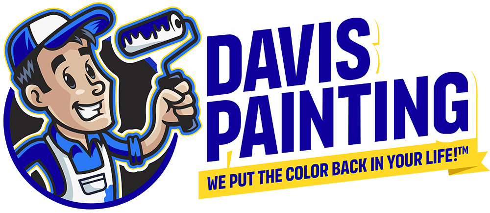 Cartoon painter in blue and white uniform holding a paint roller stands next to bold blue Davis Painting text with the yellow tagline "We put the color back in your life!â„¢" on a white background.